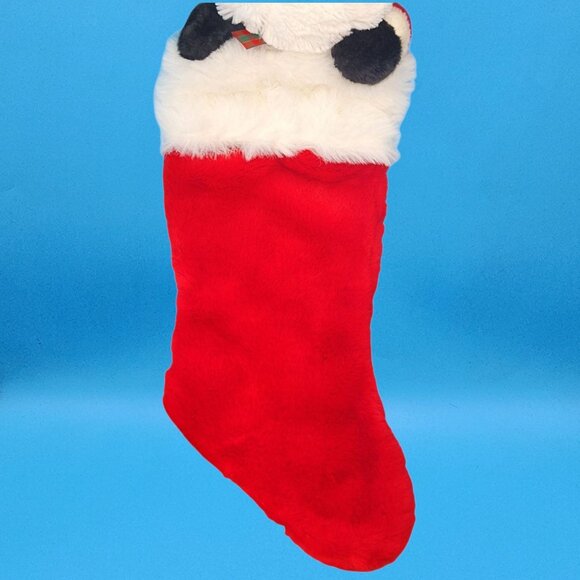 Vintage 1990s Santa Plush Stocking Furry Santa Face Gold Glasses Plaid Bow 26" - Picture 9 of 11